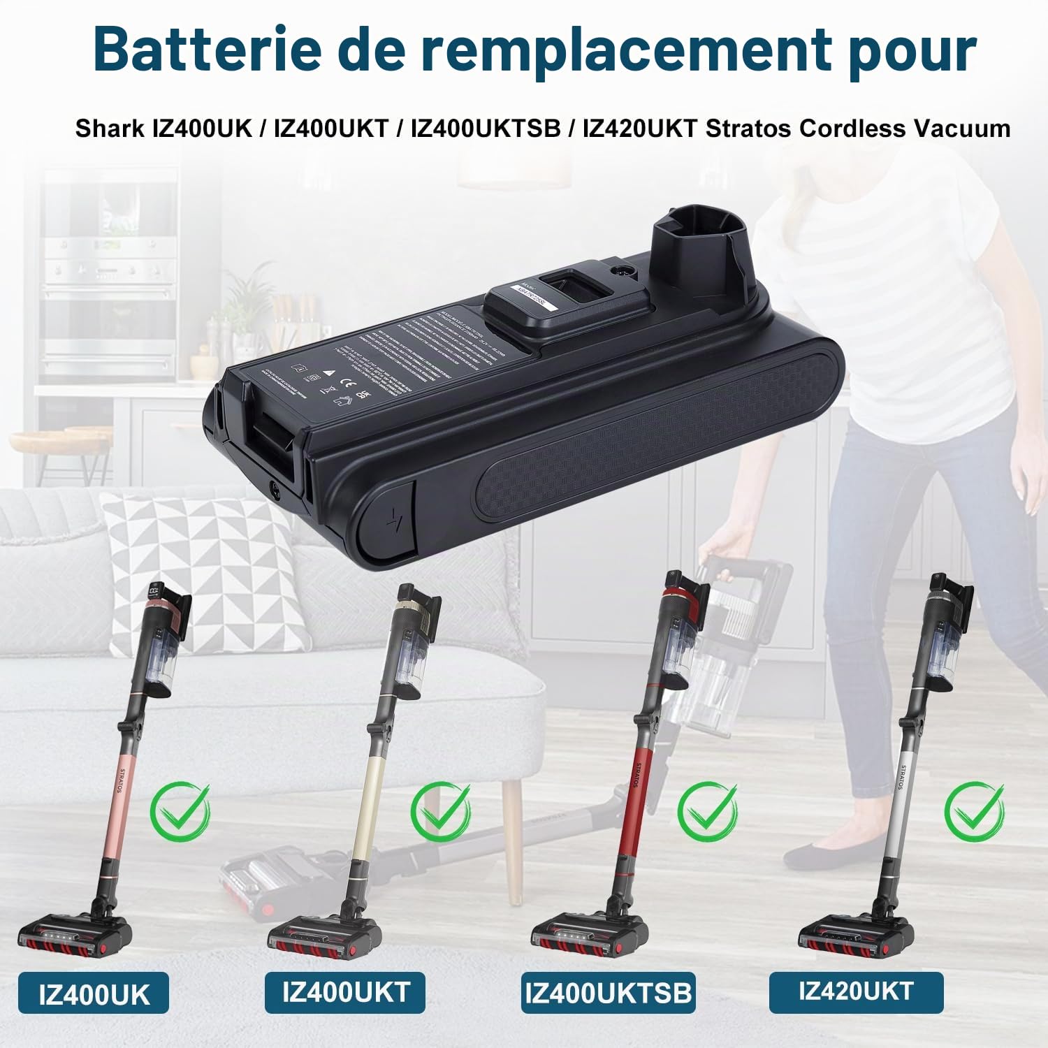 Batterie de rechange 3000 mAh pour aspirateurs sans fil Shark XBATR725SLEU compatible avec aspirateurs sans fil IZ400UK, IZ400UKT, IZ400UKTSB, IZ420UKT Shark, batterie XBATR725SL 25,2 V