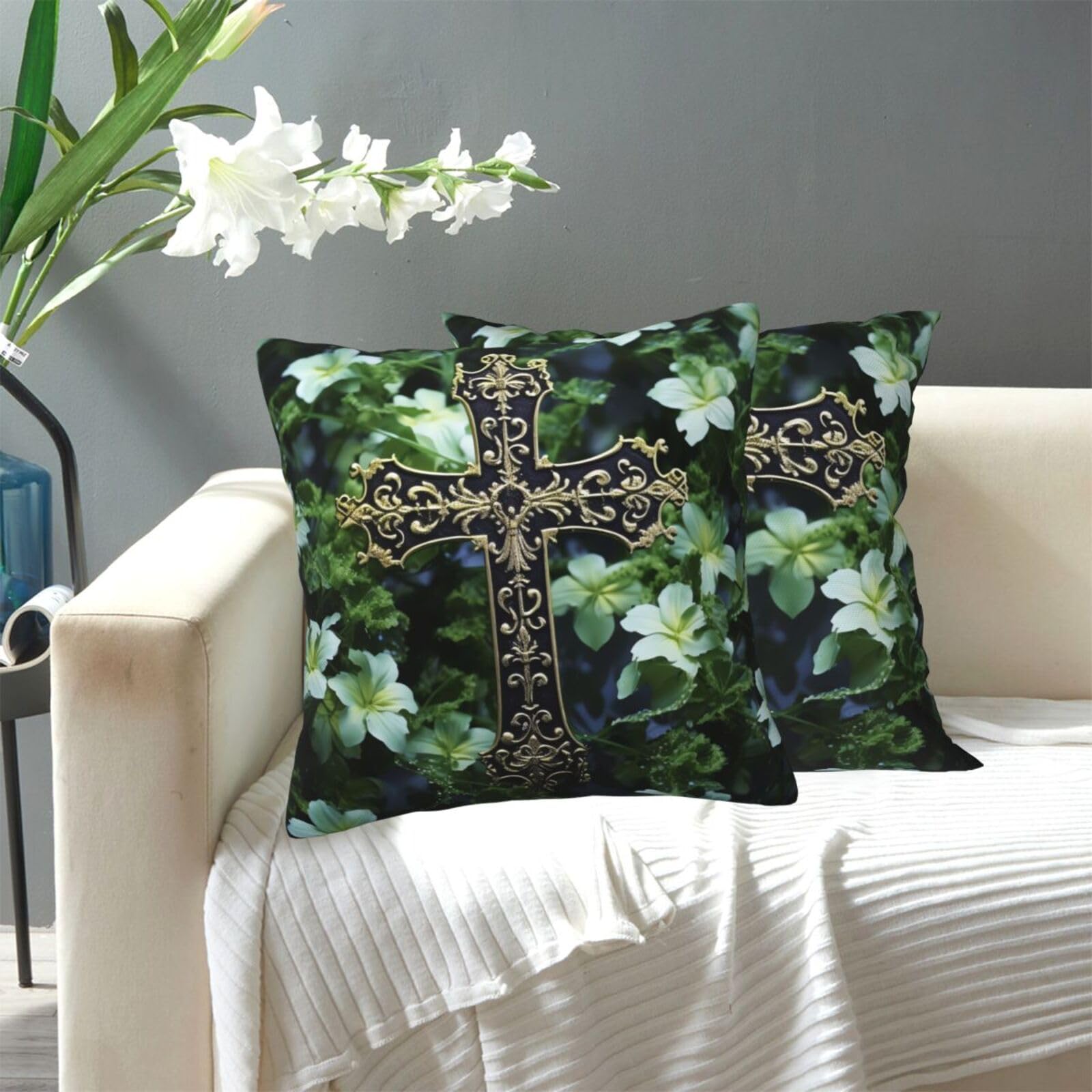 FekiLoot Decorative Throw Pillow Covers Modern Farmhouse Pillowcase Double Sided Cozy Cushion Cover for Sofa Couch Bed 18"X18" Black Cross Among Green Flowers