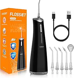 FlossJet Irrigador bucal sem fio irrigador bucal de água com 300 ml, 5 pontas, 4 modos, carregador USB, limpador de irrigação portátil para viagem IPX7, irrigador dental para limpeza de dentes (preto)
