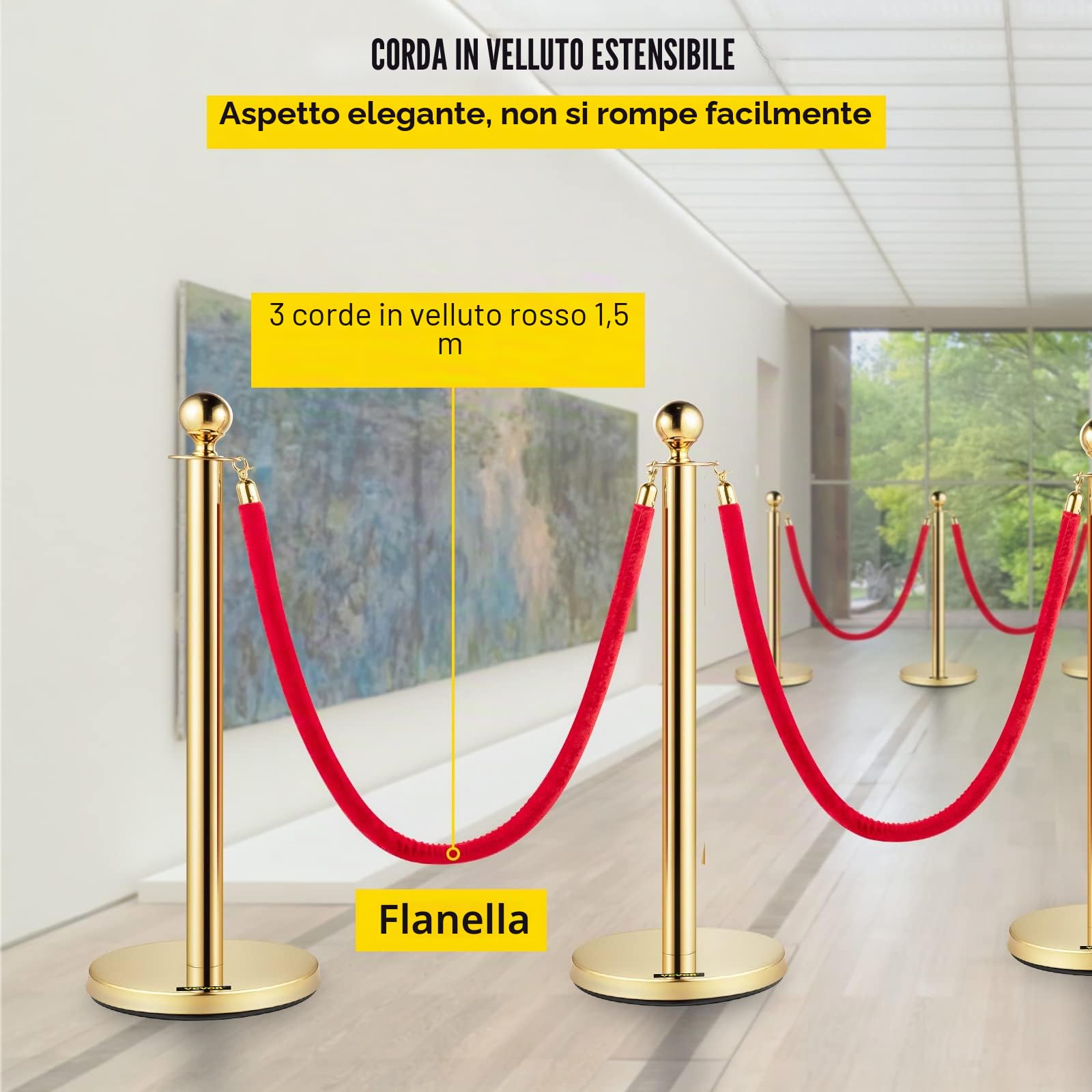 VEVOR Barriera per Il Controllo della Folla con Corda di Velluto Rosso, 4 Pezzi Corda da 1,5 m Barriere di Controllo della Folla Tondo Post Palo per Teatri, Hotel, Casinò, Biglietterie ed Eventi