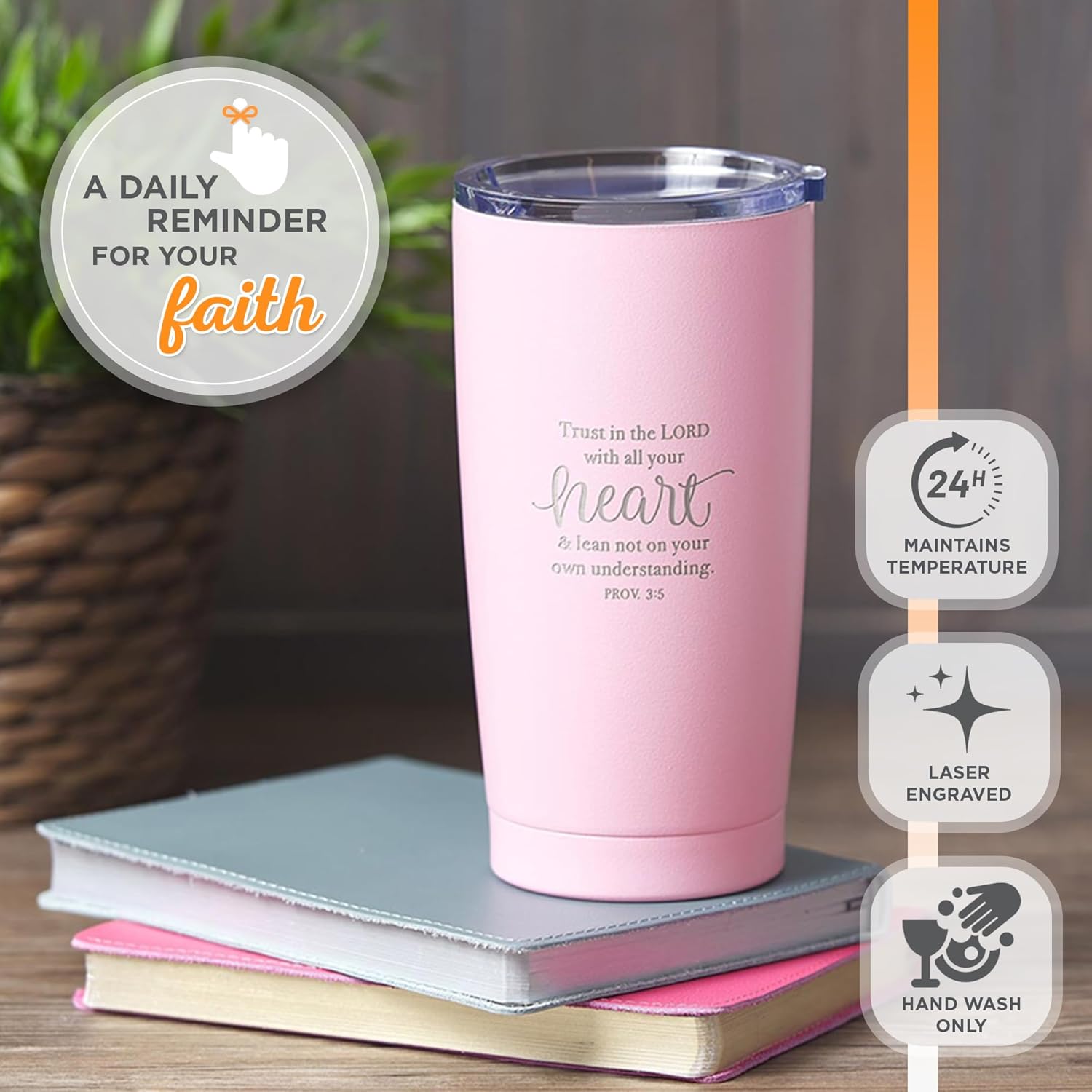 Christian Art Gifts Stainless Steel Double-Wall Vacuum Insulated Travel Mug 18 oz Pink Tumbler with Lid for Women Inspirational Bible Verse - Trust in the Lord - Proverbs 3:5 - Image 4