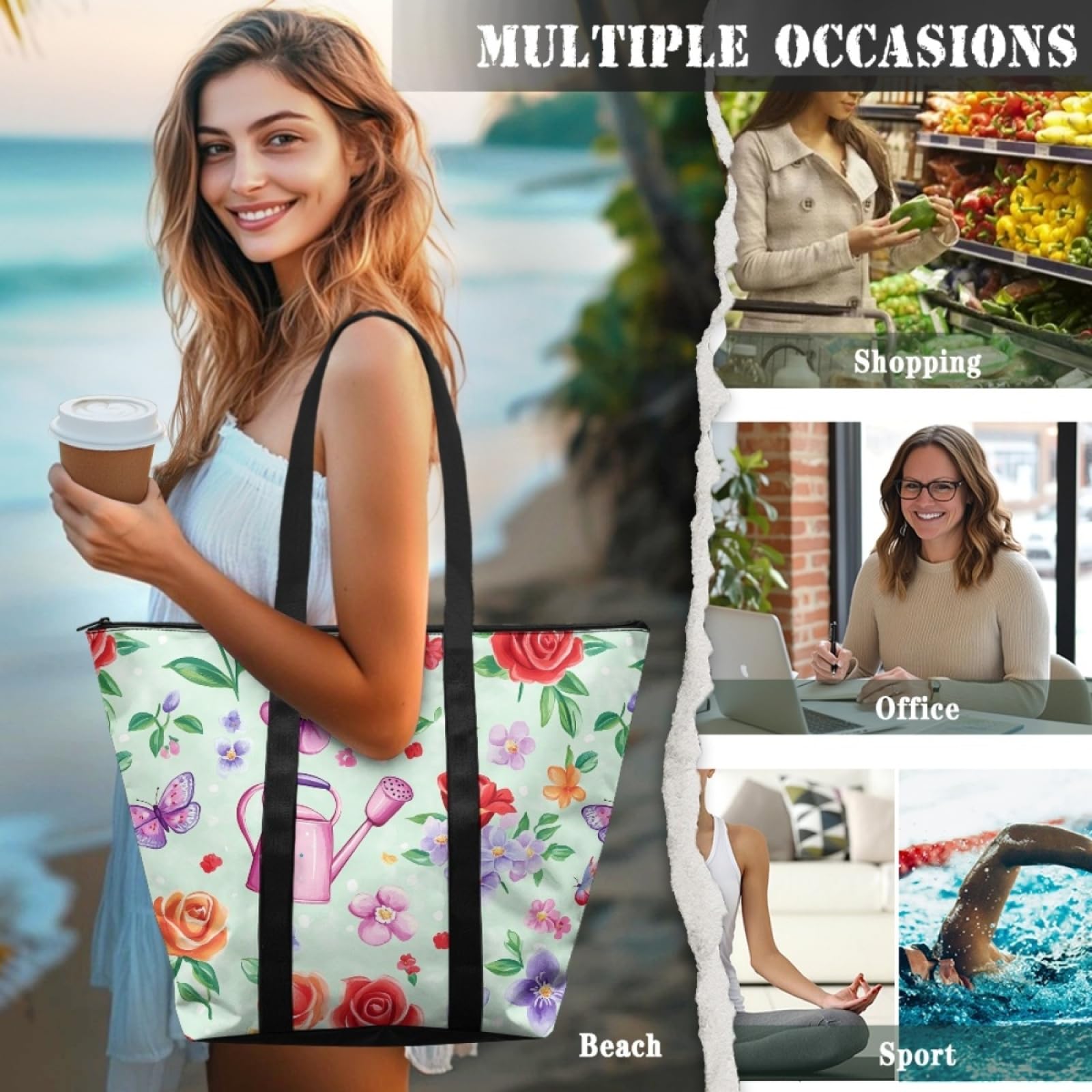 Tote Bag Tela Bolsas de Tela Poliéster Bolso de Mano de Mujer Reutilizable Bolsa Compra Plegable Tote Bag Cremallera Bolso Viaje Duradero Totebag