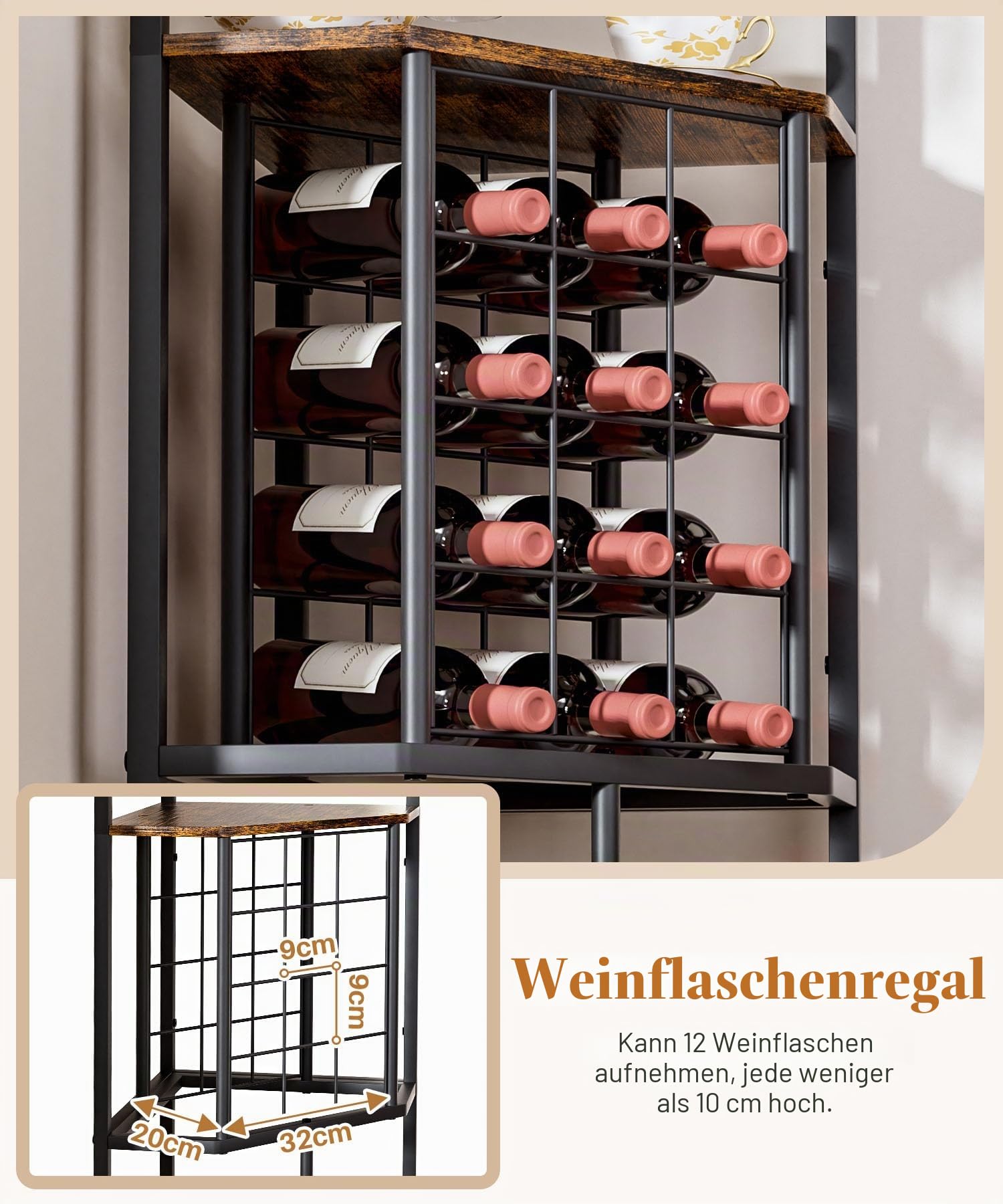 Yorbay 5-Stöckiges Freistehendes Weinregal für die Ecke | Eck-Weinregal mit Glashalter und Weinflaschenhalter - Industrielles Barregal aus Metall-Holz für Bar Küche Esszimmer