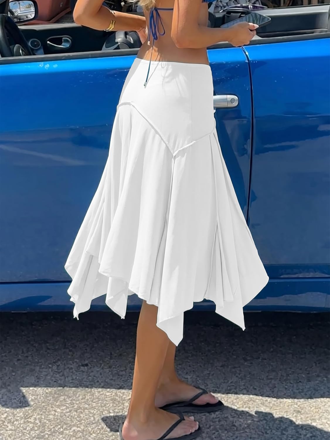 EMMIOL Women's Midi Skirt Flowy Long Skirt Asymmetrical Ruffle Hem High Waisted Summer Beach for Vacation Going Out