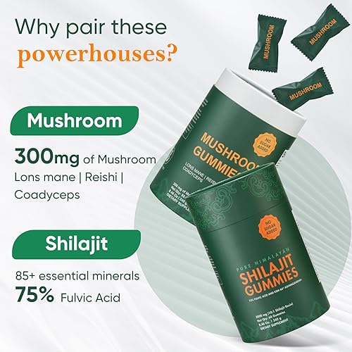 Miniatura 3 de Paquete de suplemento de gomitas puras de shilajit y hongos del Himalaya 3000 mg de shilajit, melena de leones Reishi, Cordyceps, sin azúcar