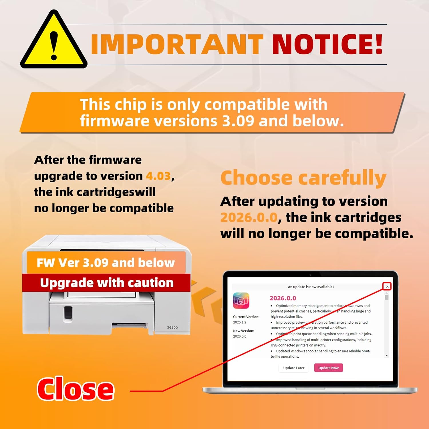 Version 3.09 SG500 Sublimation Ink Cartridges Compatible for Sawgrass SG500 SG1000 Printers, with Nano-Level Chips, Compatible with firmware Versions 3.09 and Below (BK/C/M/Y, 4-Pack)