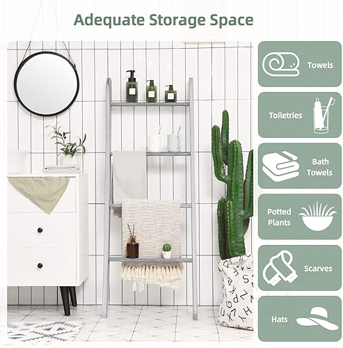 Miniatura 6 de Tangkula Escalera de madera para manta de 4 niveles, estante de almacenamiento de granja de 4.5 pies, soporte de escalera inclinado de pared,