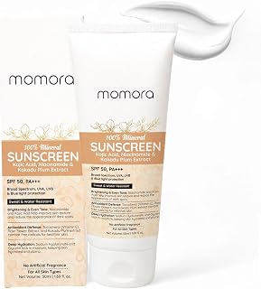 Momora 100% Mineral Sunscreen SPF 50 PA+++ | No White Cast | Fades Dark Spots | Broad Spectrum UVA, UVB, Blue Light Protec... Price In India