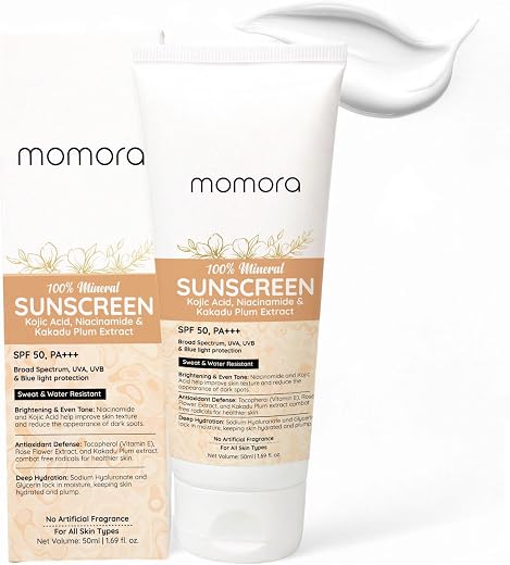 Momora 100% Mineral Sunscreen SPF 50 PA+++ | No White Cast | Fades Dark Spots | Broad Spectrum UVA, UVB, Blue Light Protec...