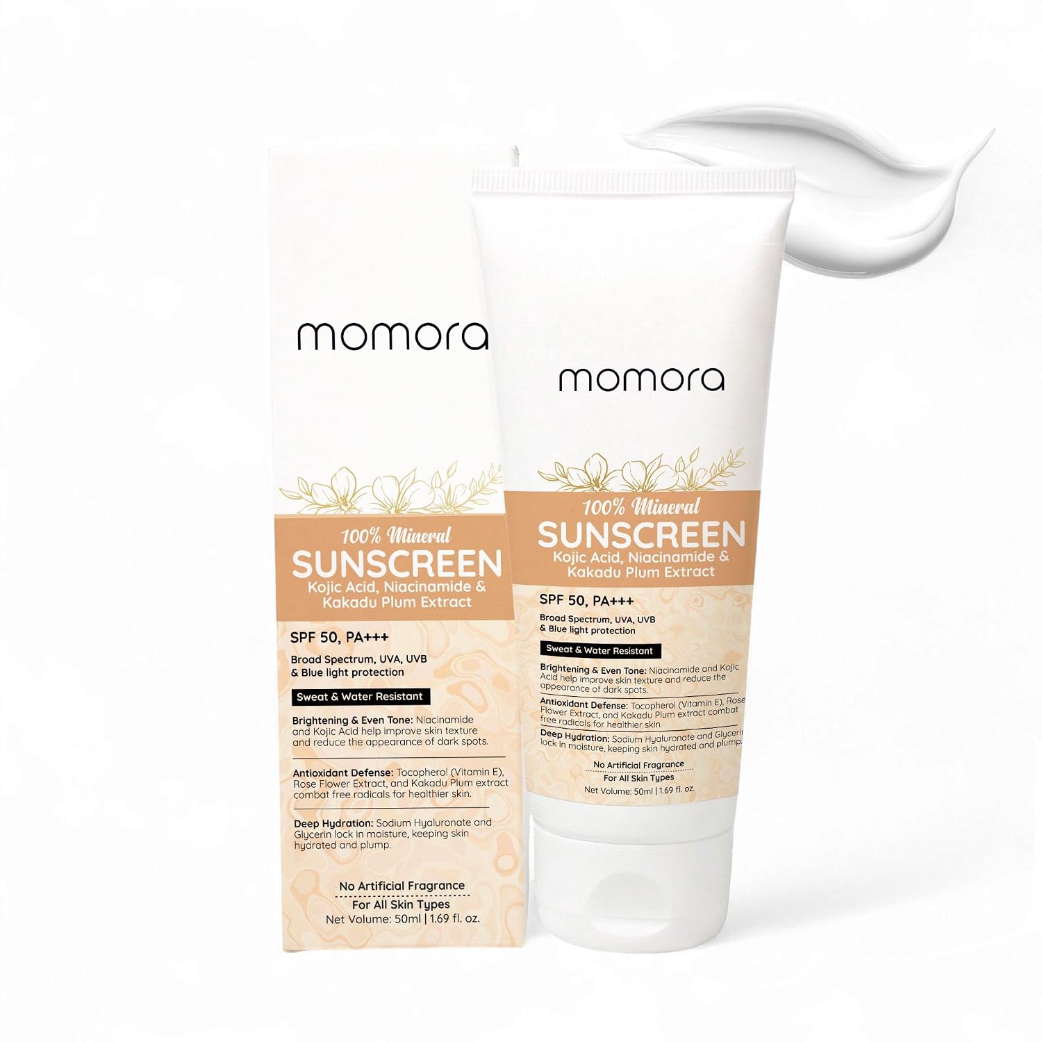 Momora 100% Mineral Sunscreen SPF 50 PA+++ | Broad Spectrum UVA, UVB, Blue Light Protection | No White Cast | Fades Dark S...