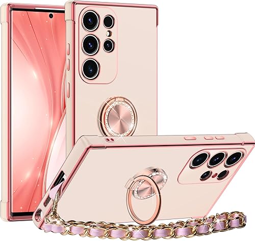 Miss Arts Funda para Samsung Galaxy S23 Ultra con soporte, funda para teléfono con soporte de anillo kickstand, correa de muñeca linda lujosa