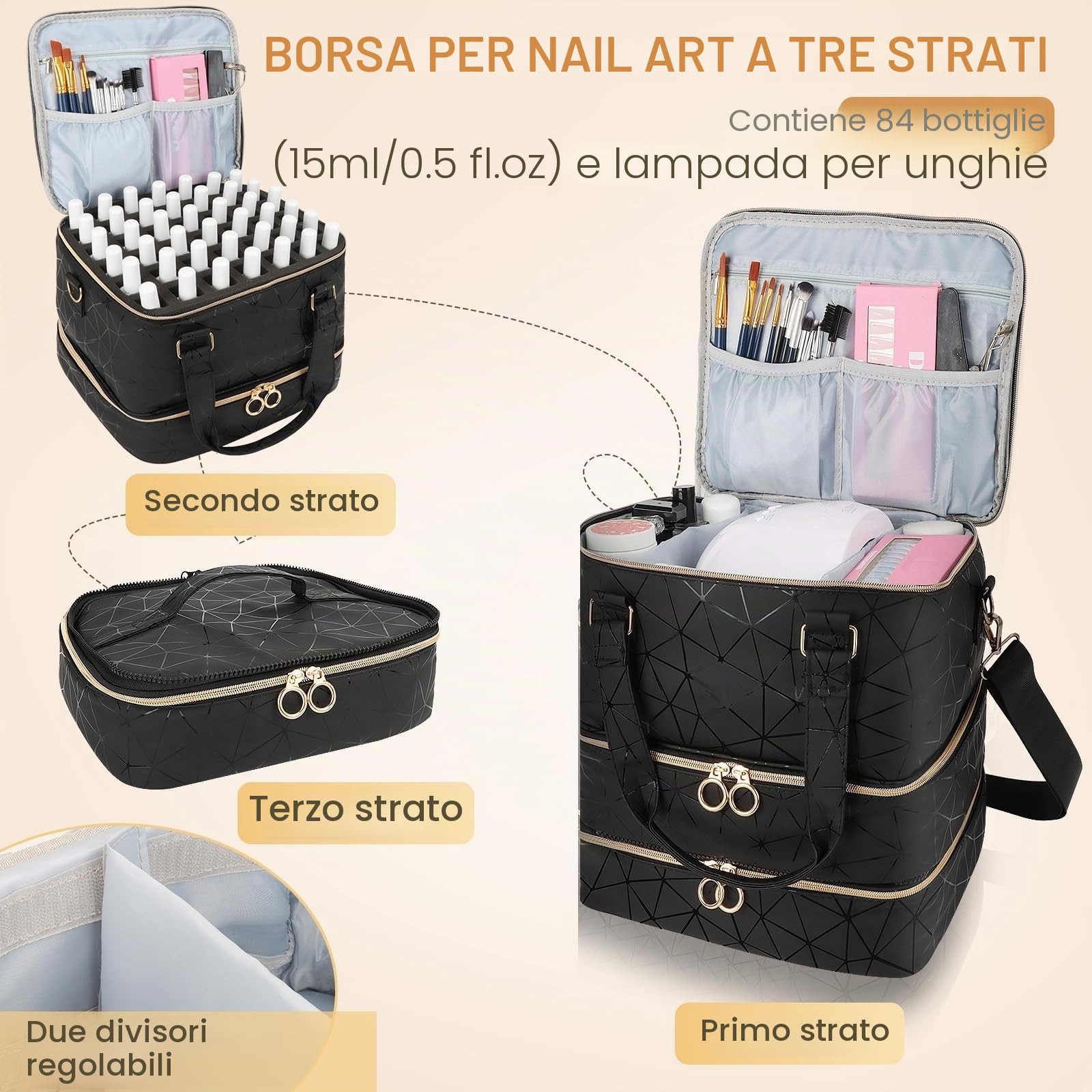 Grande borsa organizer per smalti, contiene 84 flaconi (15 ml/0,5 fl.oz) e lampada per unghie, custodia per il trasporto di smalti, kit per unghie strumenti per manicure (Nero)