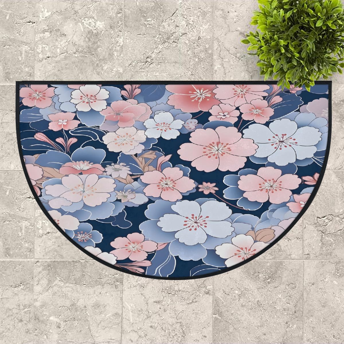 Mexpekil Paillasson japonais motif floral de cerisier en demi-lune pour intérieur et extérieur - Tapis de sol antidérapant - Lavable - Demi-cercle - Attrape la saleté - 100 x 160 cm