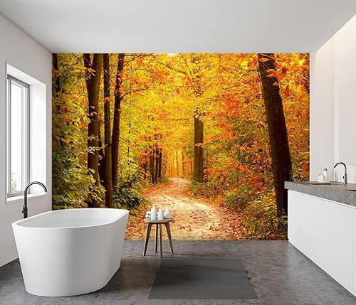 Miniatura 3 de Papel pintado de tela de bosque dorado otoñal, árbol de la jungla, escena de bosque para sala de estar, dormitorio, baño, mural grande de pared -