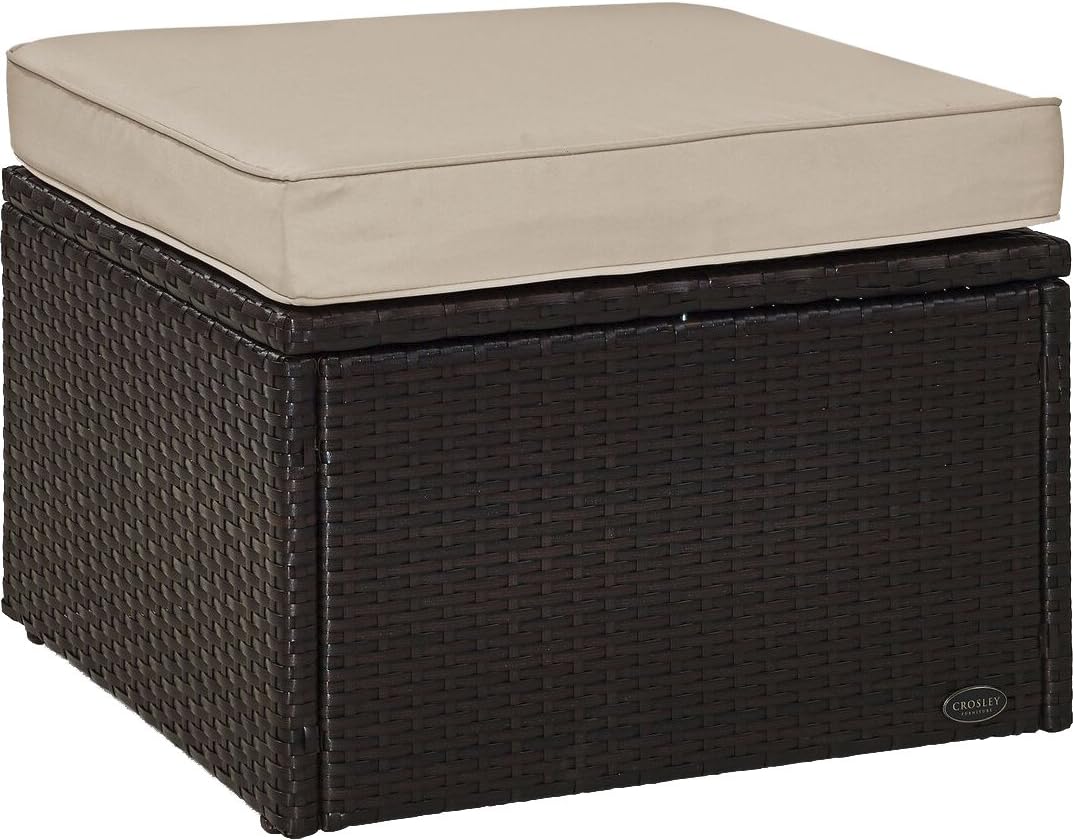 Crosley Furniture Palm Harbor Wicker Outdoor Ottoman Foot Rest for Patio, Deck, Porch, Brown with Sand Cushions