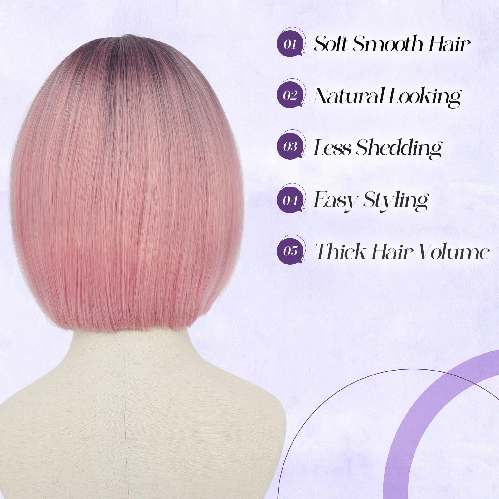 FESHFEN Rose Ombré Bob Perruque avec Franges, 30 cm Droites Courte Coloré Perruques de Cheveux Synthétiques Cosplay Utilisation Quotidienne De La Fête pour Femmes Carnaval Straight Bob Wig With Frange