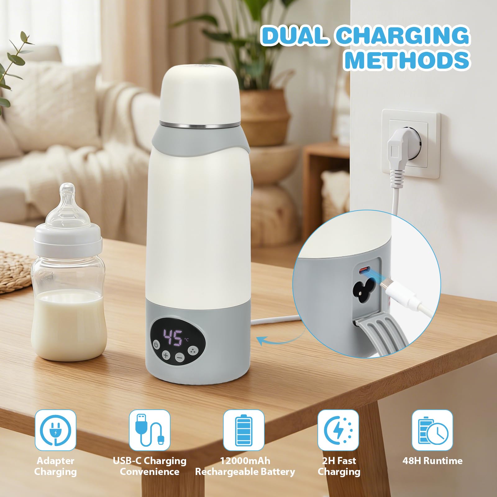 Tragbarer Flaschenwärmer Baby 500ml,22 Stufen,12000mAh Akku,316 Edelstahl | 37–55°C Präzise Temperaturkontrolle, USB-C, Pasteurisierung, 18h Warmhalten und auslaufsicheres Doppel-Deckel-Design