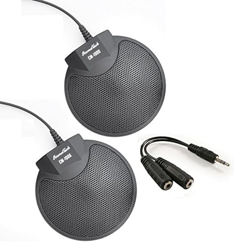 Sound Tech CM-1000 (paquete de 2) micrófono de mesa para reuniones con conector estéreo omnidireccional de 3,5 mm y divisor de audio