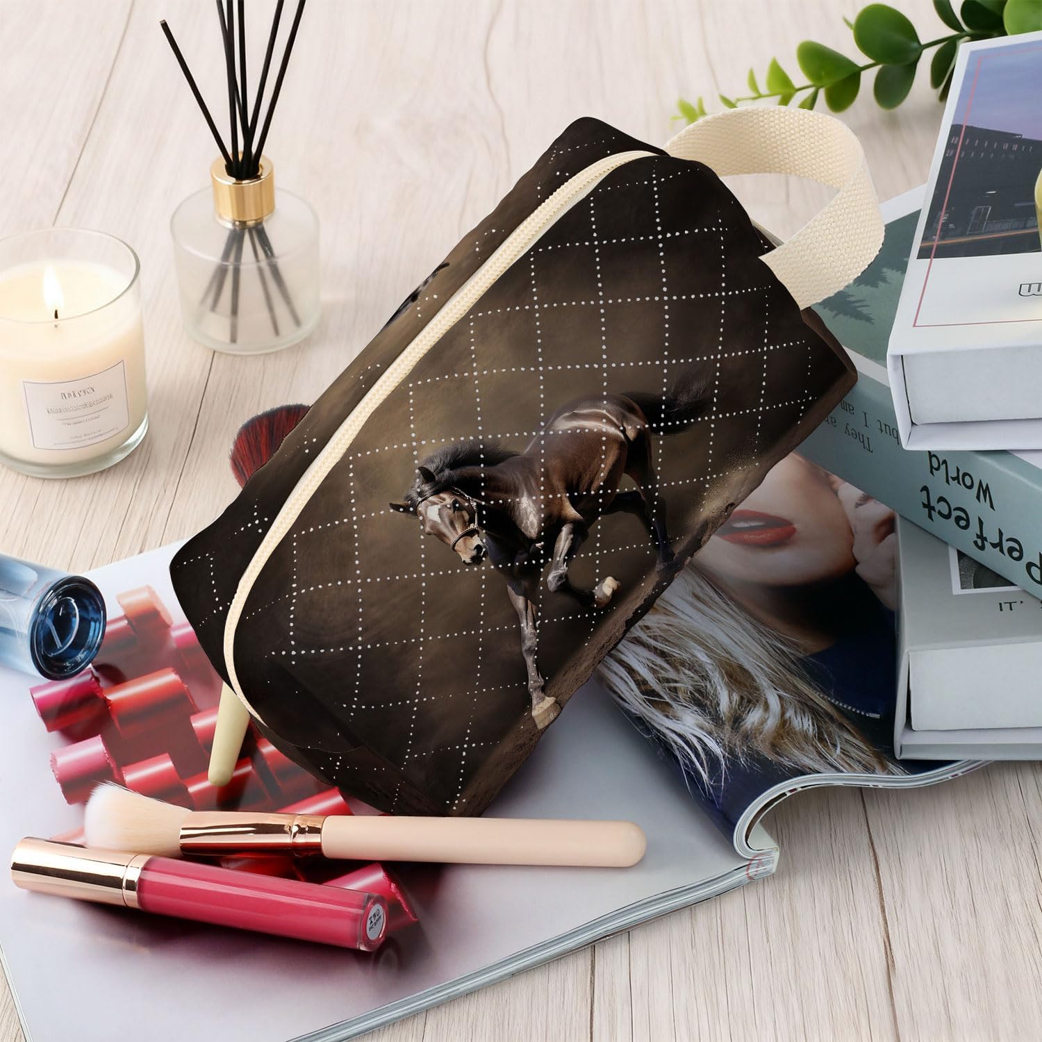 Horse Printed Quilted Makeup Bag for Women - Velvety Polyester Cosmetic Organizer w/Triple Compartments, Travel & Makeup Brush Holder -2 - Image 5