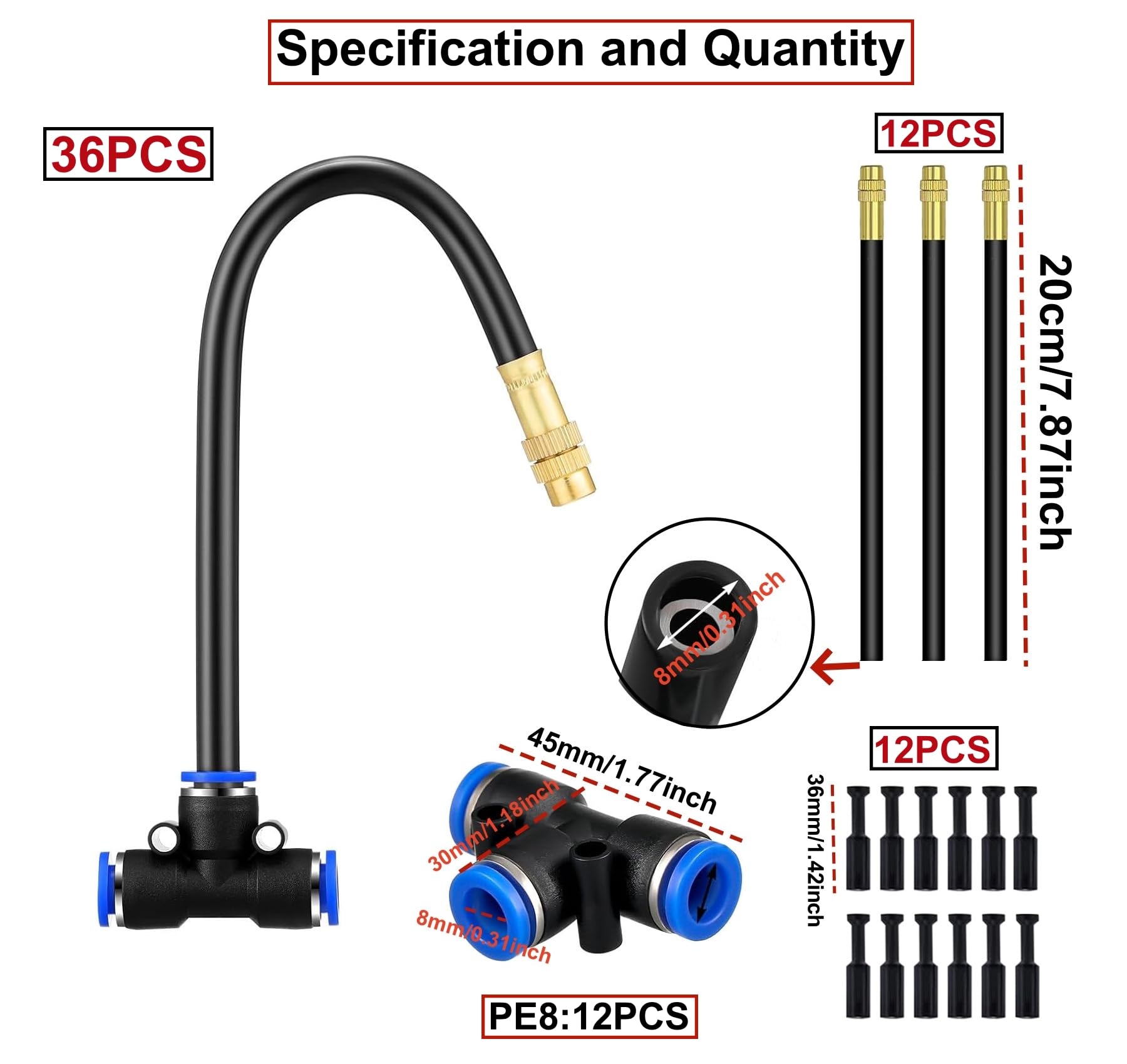 12Pièces Buse de pulvérisation d'irrigation HAXIHA Buse de brouillard 20cm Réglage Universel Tuyau D'eau 8mm de Diamètre Extérieur+12 connecteurs de type T 8mm+12 Bouchons D'Irrigation,pour Irrigation
