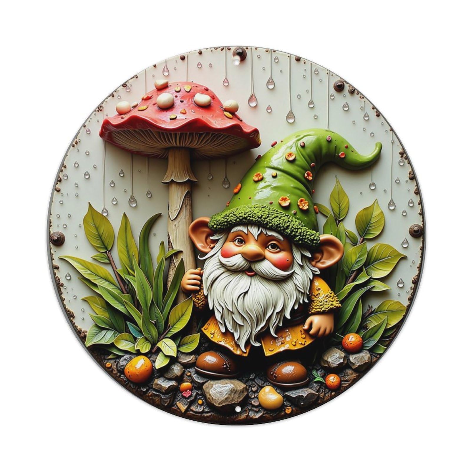 Gnome Mushroom Forest Leaves Stones Retro Metal Sign Round Tin Sign, Vintage Decor Art Poster for Bar, Home, Man Cave, Kitchen, Laundry Room Gift 8x8Inch