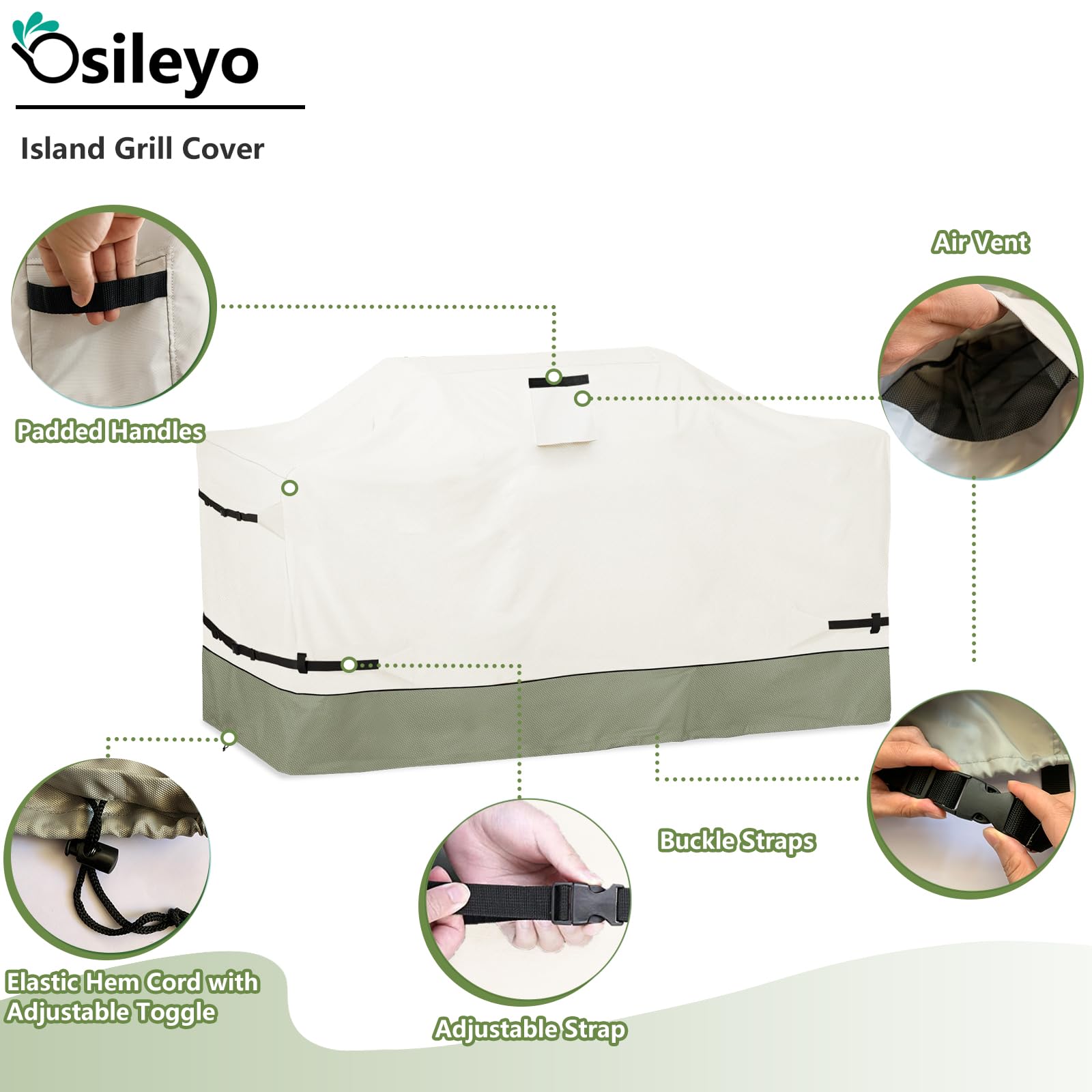 213,4 cm (86 Zoll) Inselgrill-Abdeckung, schwer, 600D, wasserdicht, Allwetterschutz, Outdoor-Abdeckung, Beige und Graugrün