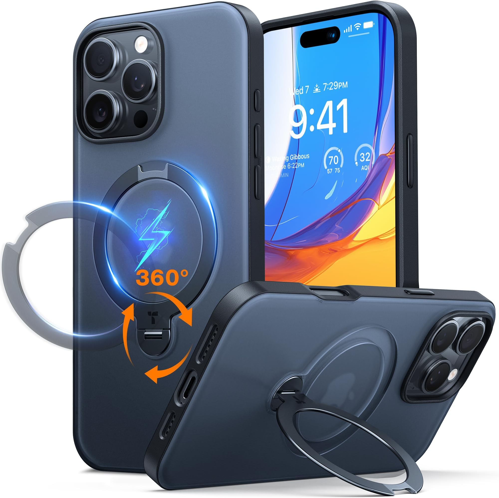 Upgraded 360 Spin Magnetic Stand for iPhone 16 Pro Case, Fit for MagSafe, Built-in Kickstand & Ring Holder, Mil-Grade Protective Soft Edge Translucent Case for iPhone 16 Pro, Black 6.3''