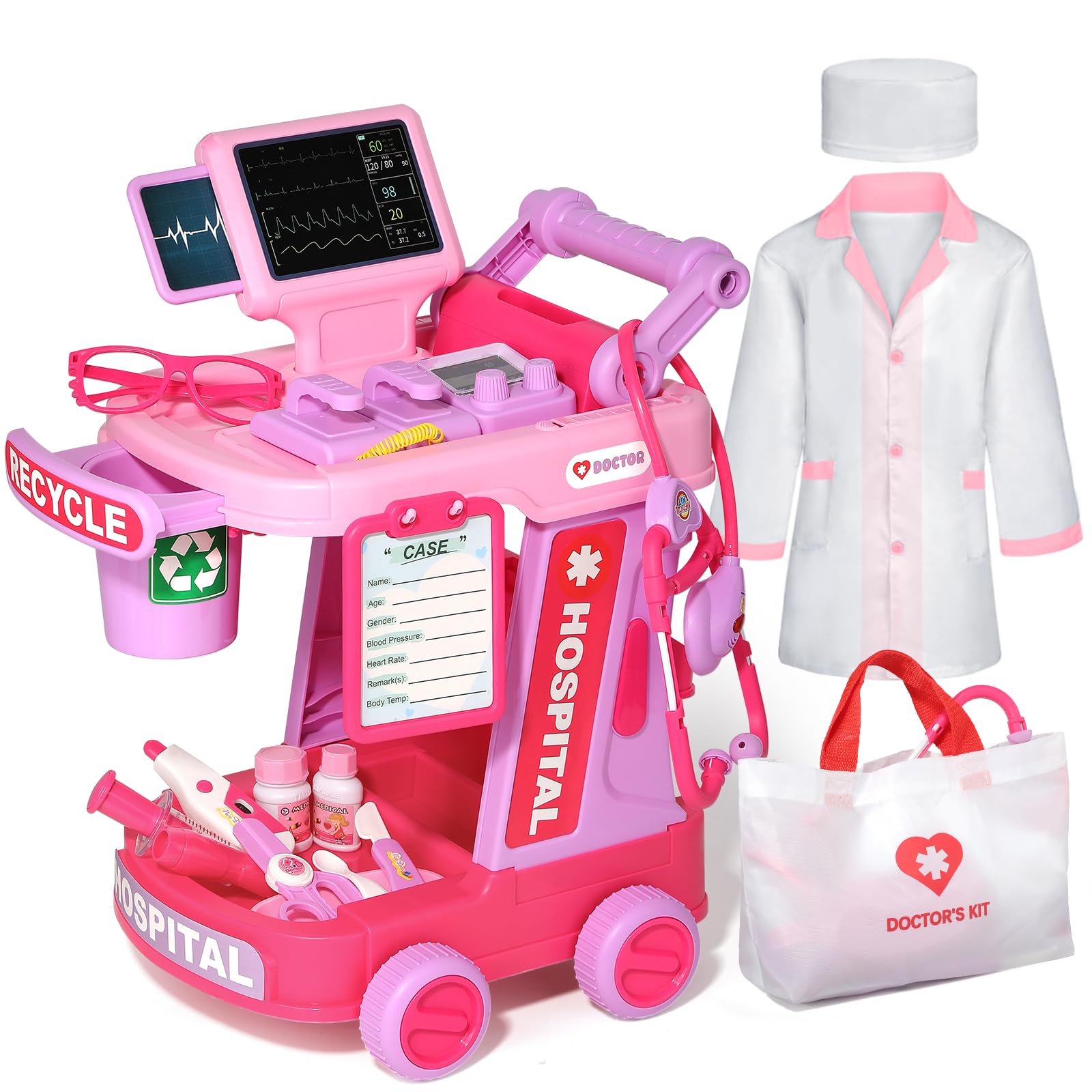 Phobby Doctor Kit for Toddlers Aged 3 4 5, Medical Pretend Play Set for Kids with Bag and Costume, Doctor Cart Toy for Girls Boys Birthday Gift (Pink)