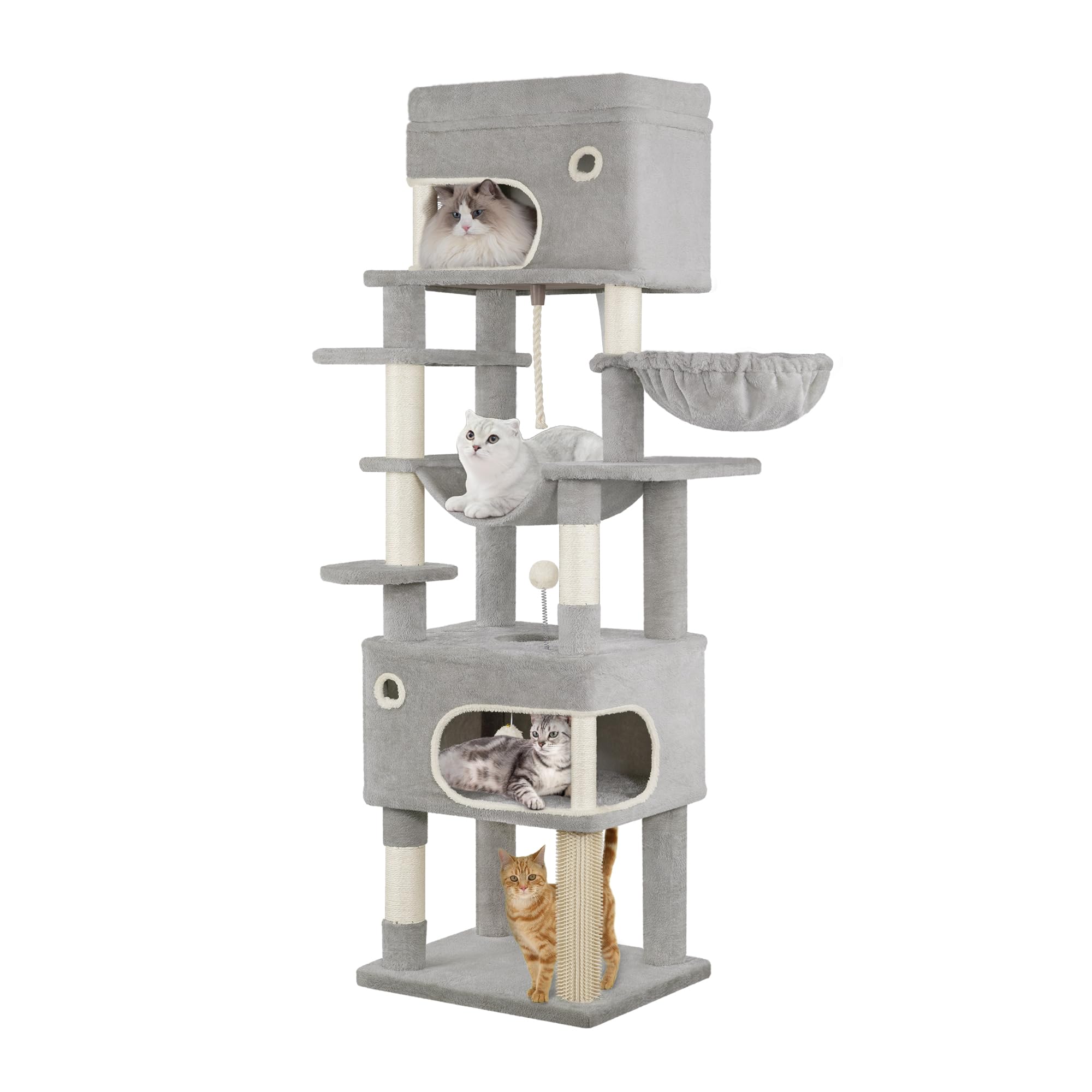 Hzuaneri 178 cm Cat Tree for Indoor Cats, Multi-layer Scratching Post with Large Platform, 2 Caves, 7 Sisal Posts, Pompoms, Cat Basket, Hammock, Suitable for Cats, Light Grey MS17818LG