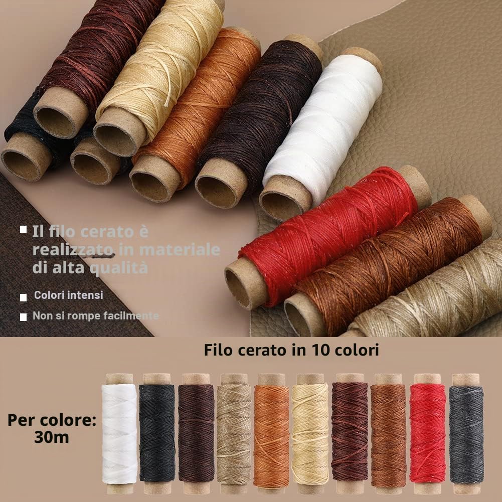 Set di utensili da cucito in pelle, 52 pezzi, 10 colori, filo cerato, strumento per denti a pressione