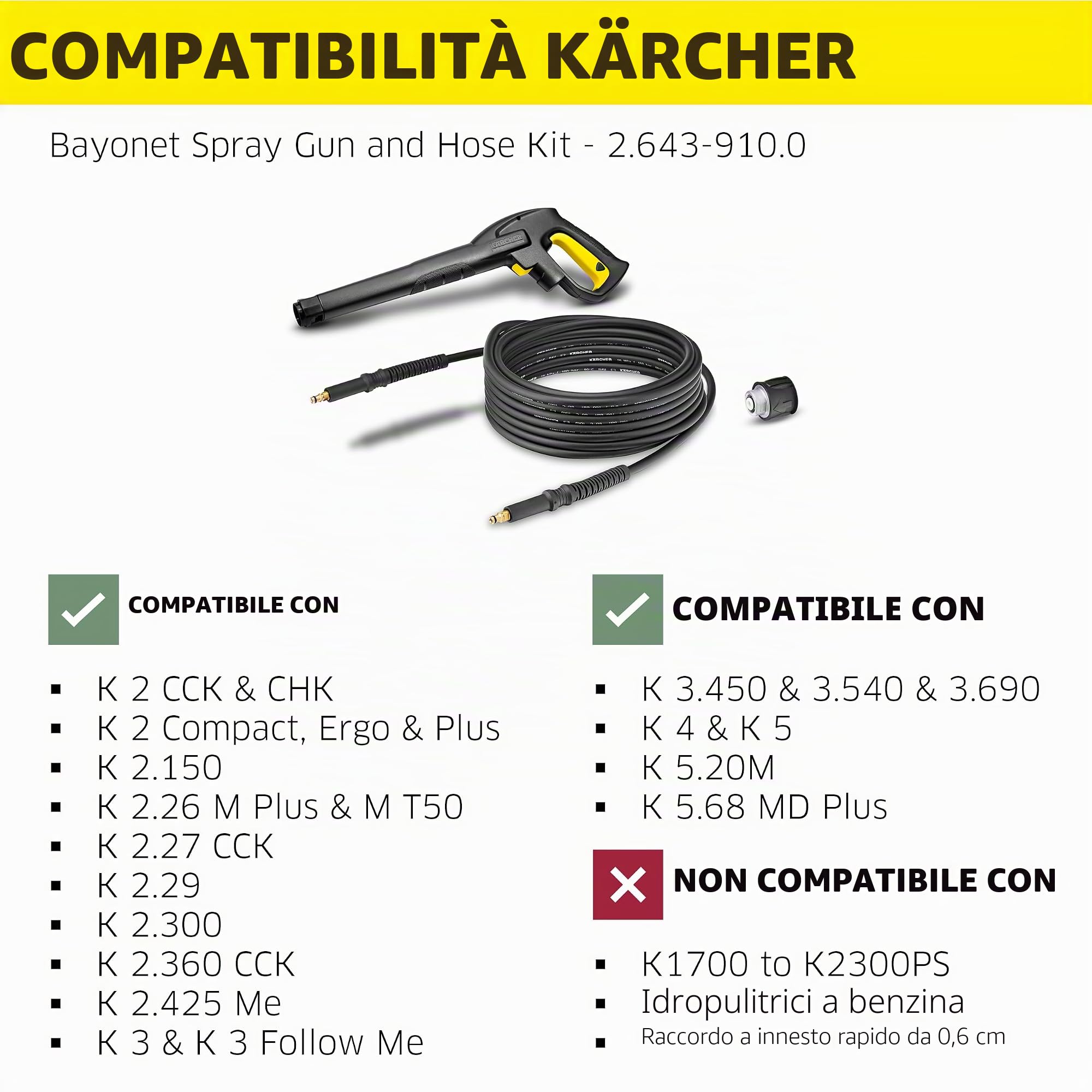 Kärcher HK 7,5 Kit tubo 7,5 m + Pistola pistola ad alta pressione e adattatore Quick Connect, accessorio originale per idropulitrici Kärcher K2 - K7