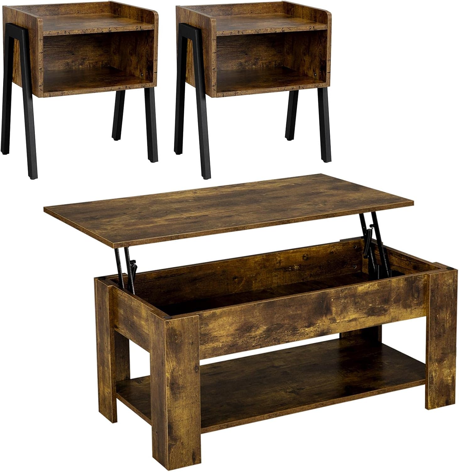 Yaheetech Coffee Table Set of 3 for Living Room, 3 Piece Coffee Table and End Table Sets, Lift Top Coffee Table with Hidden Storage Compartment, Stackable End Table with Open Drawer, Rustic Brown : Home & Kitchen