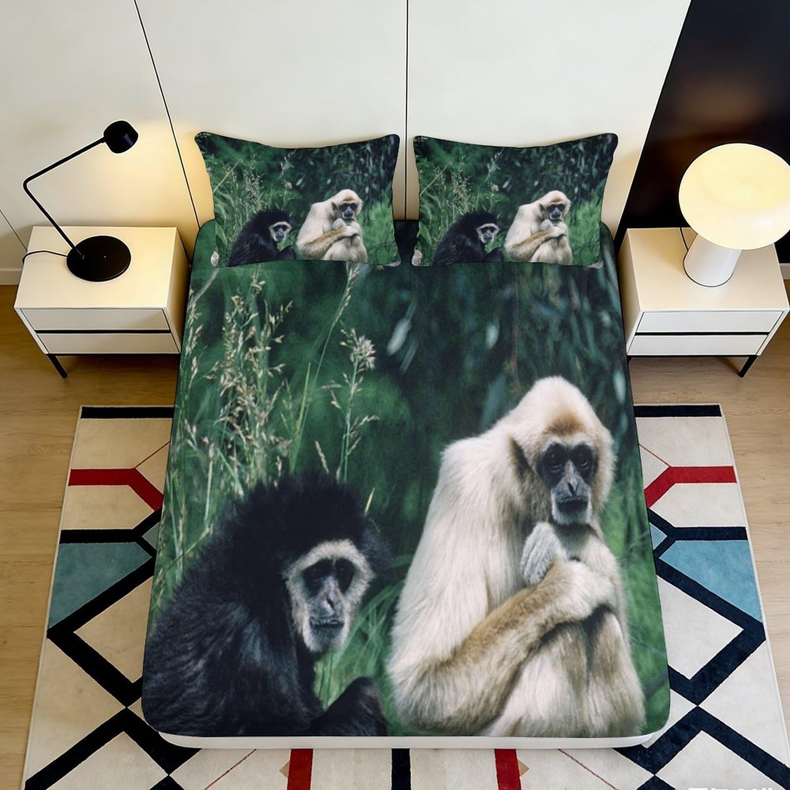 3D Printed Gibbon Family Fitted Sheet Microfiber Soft Breathable Forest Jungle Mattress Cover for Bedroom Dorm Decor 90x200x25cm