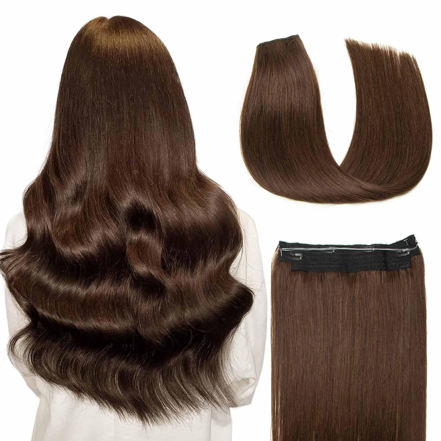 AGMITY Hair Extensions Wire Hair Remy Human Hair Extensions Darkest Brown 80g Hidden Straight Layered with Transparent Fish Line Remy Wire Extensions(16 Inch #2 Darkest Brown)