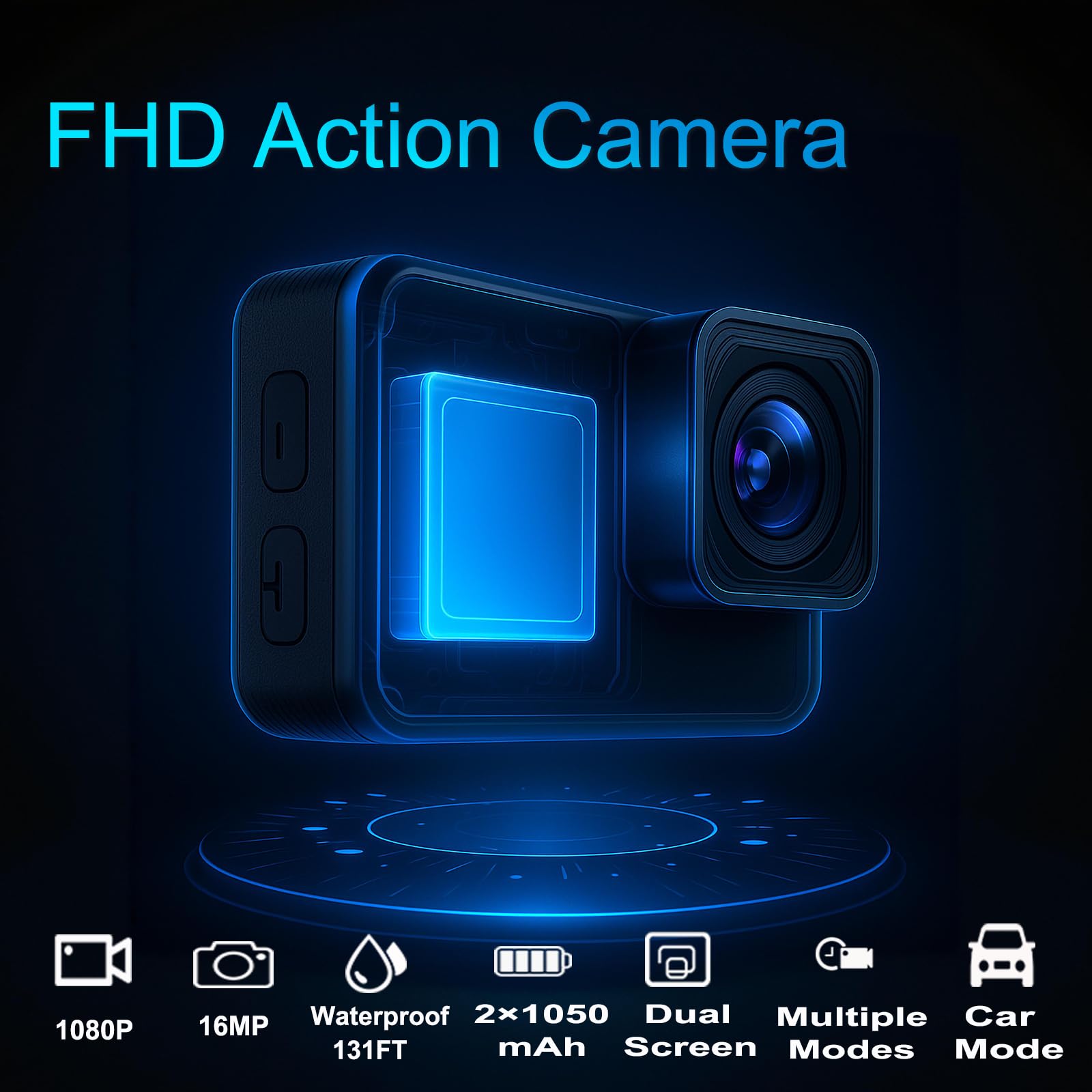 Caméra Sport 1080P FHD Waterproof, Double Écran, Étanche 40m | Convient pour Moto, Velo et Activités sous-Marines, 2 Batteries 1050 mAh + Kit d'Accessoires