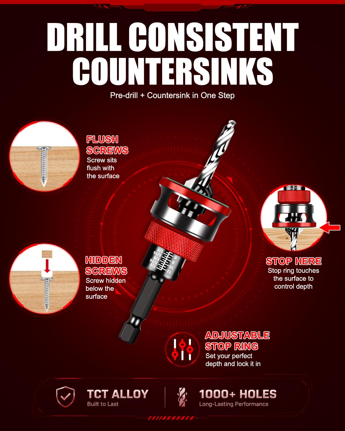 Countersink Drill Bit Set - 9 Piece with Depth Stop -6 Countersink Drill Bit Set - 9 Piece with Depth Stop -6