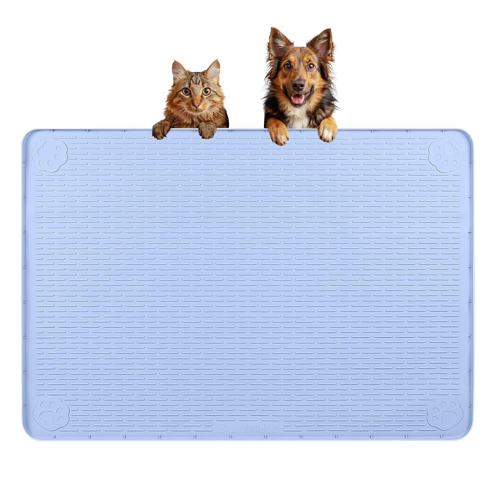 Tappetino per cibo per cani, extra large, 86 x 56 cm, in silicone, con bordo rialzato, per animali domestici di taglia piccola, media e grande, antiscivolo, facile da pulire (blu)