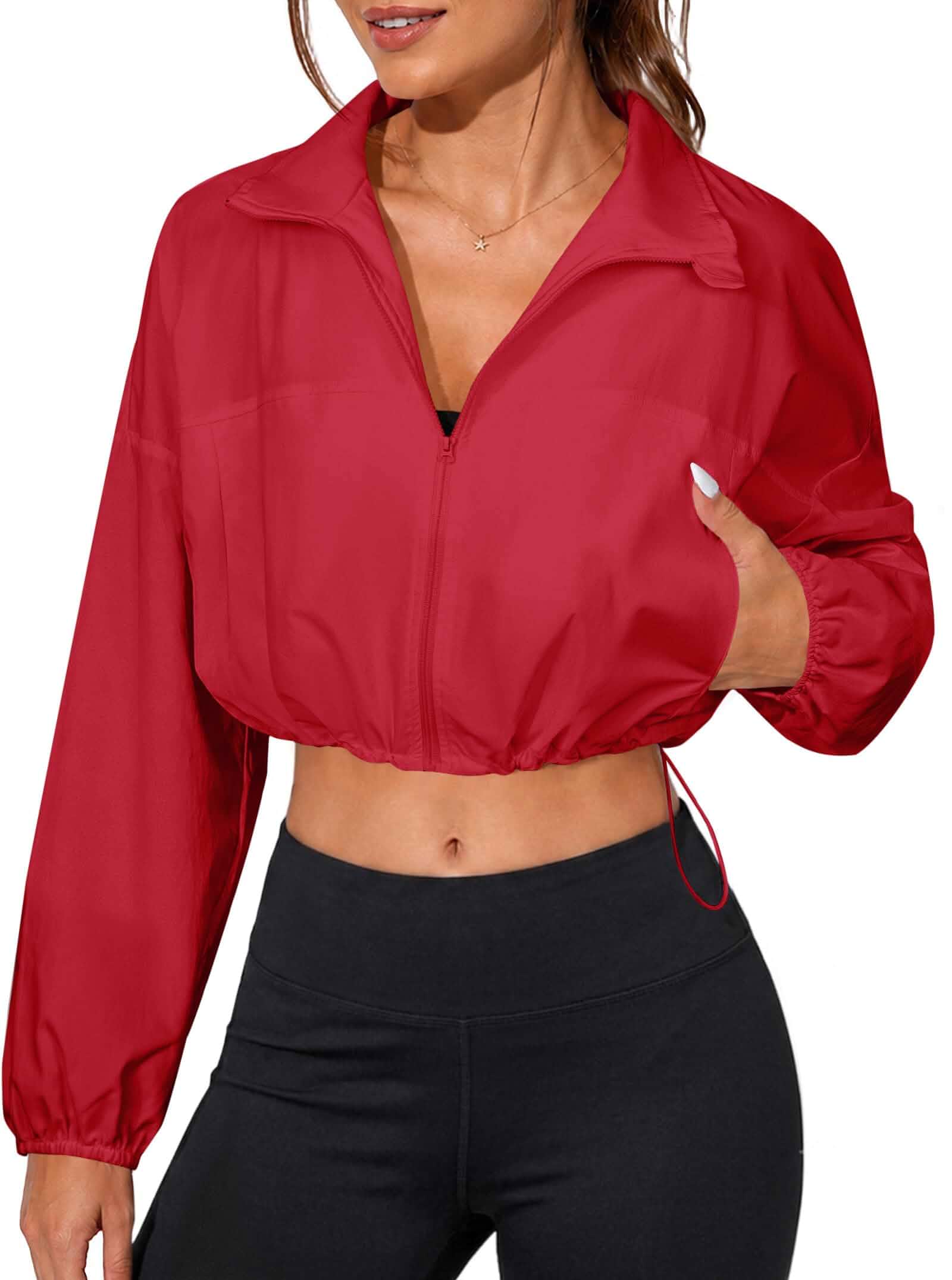 Remidoo Women's Cropped Windbreaker Jacket Zip Up Collared Athletic Jackets Lightweight Design, Adjustable Drawstrings, Workout, Gym, Running and Casual Wear