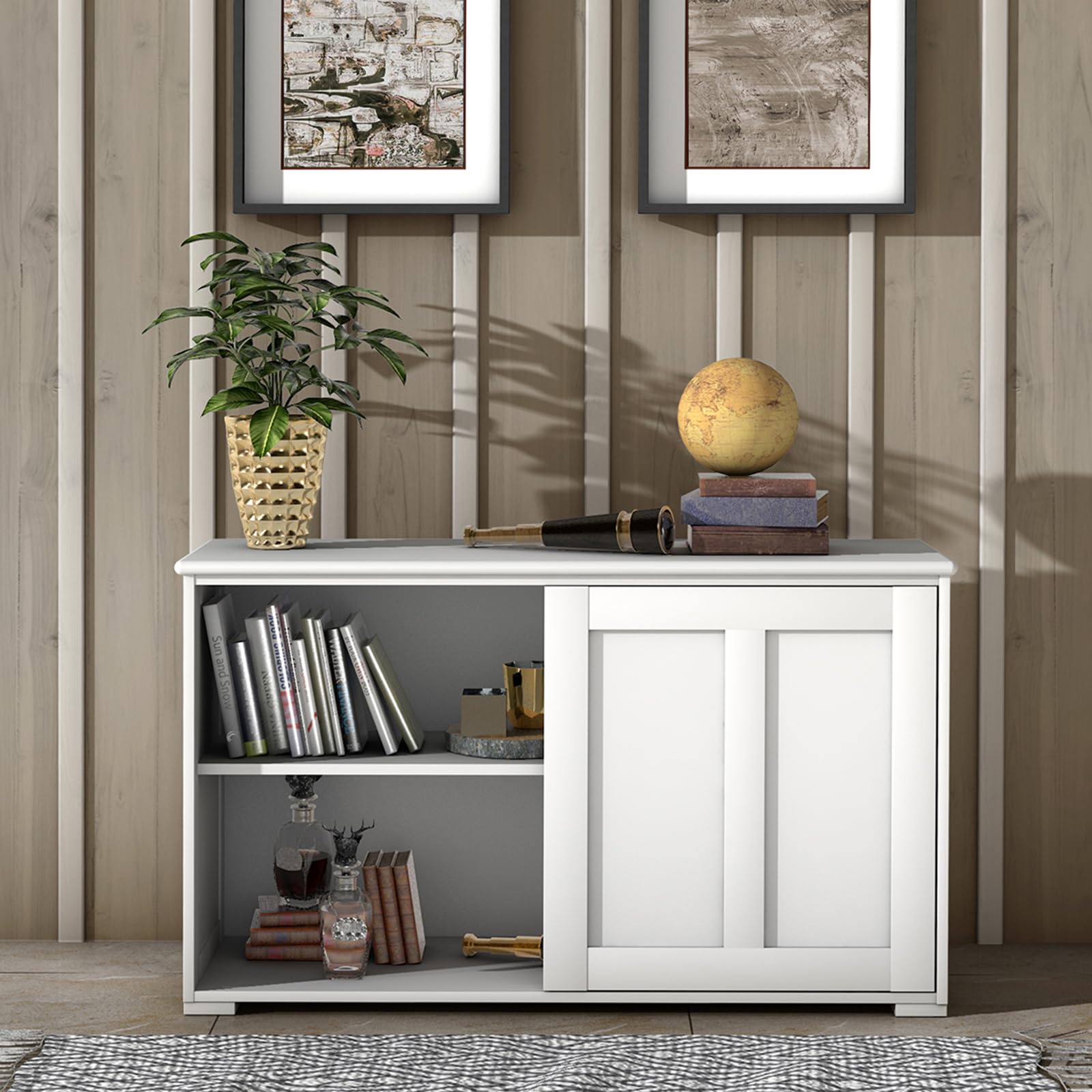 COSTWAY Armadietto da Cucina Mobiletto per Cucina Composto da 2 Porte Scorrevoli Dimensioni: 106,5 x 33 x 60 cm (Crema)