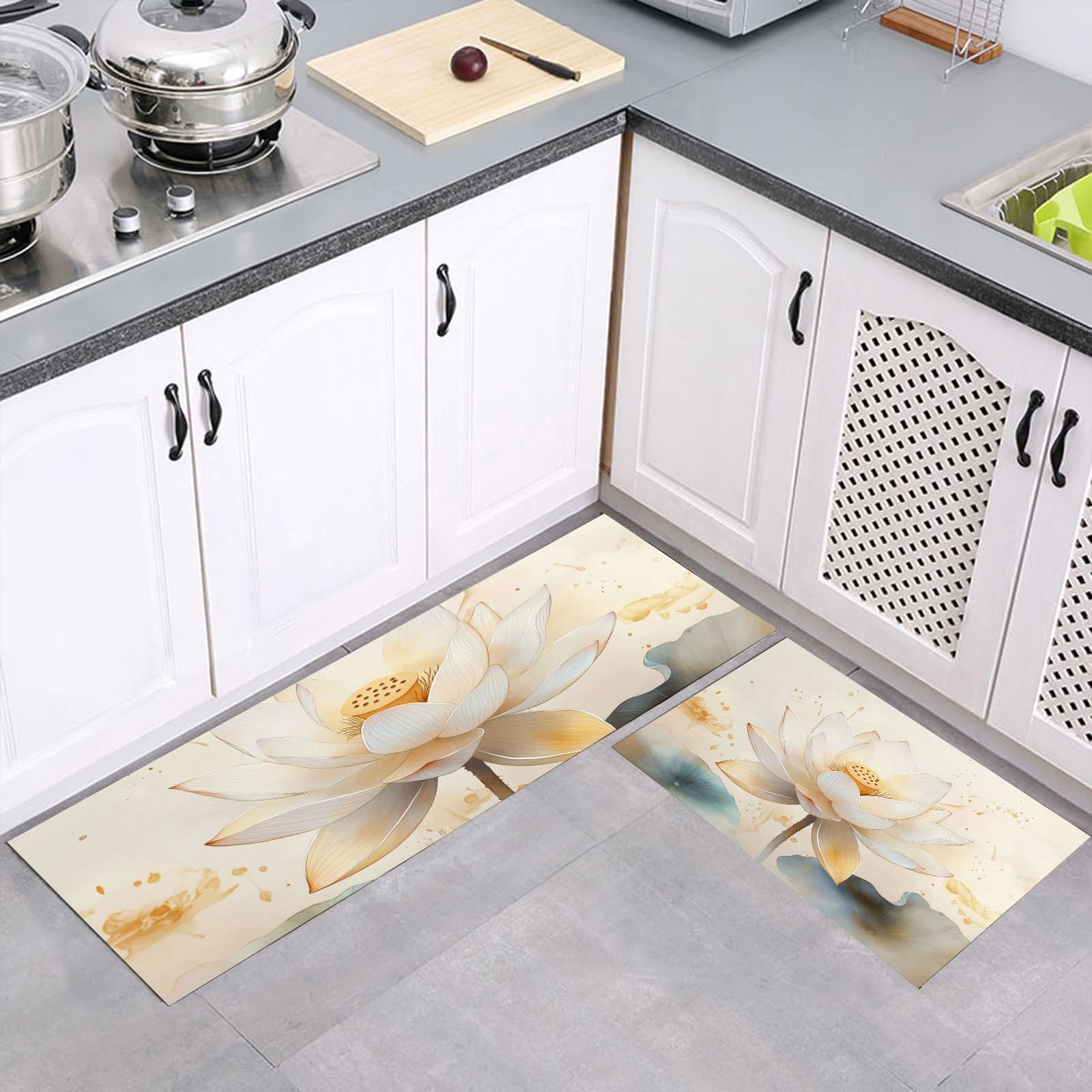 Tapis de cuisine lavable lotus aquarelle lot de 2 grand format anti-fatigue antidérapant