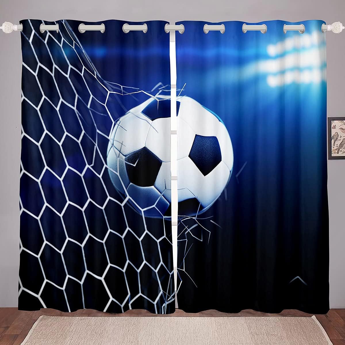 3D Soccer Window Drapes Football and The Soccer Ball Decor Curtains for Kids Boys Girls Youth Sports Theme Window Curtains for Bedroom Living Room Bright Blue Window Treatments 38W X 54L,2 Panels