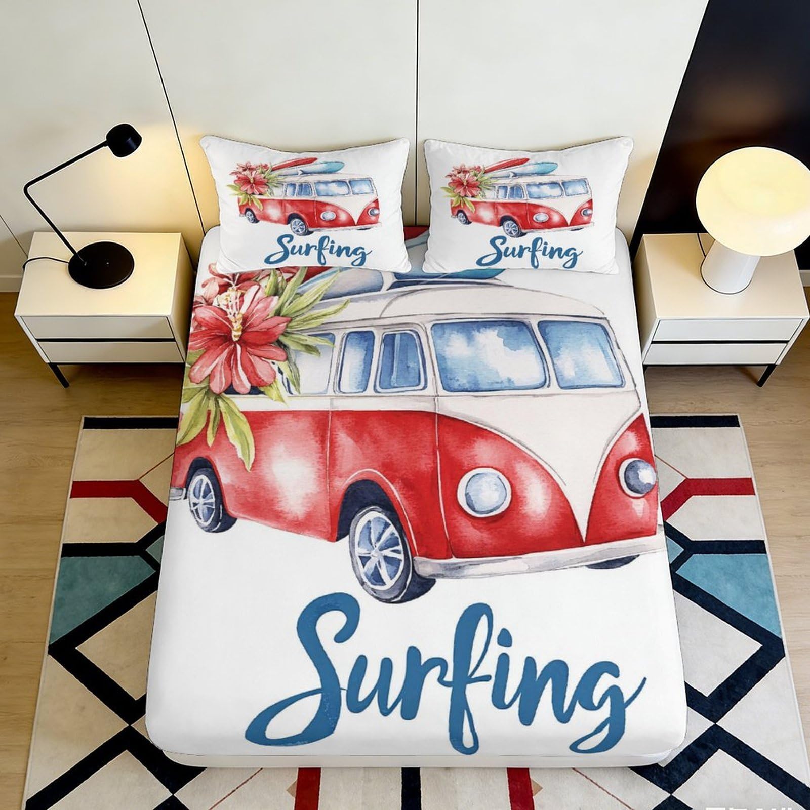 3D Printed Surf Van Fitted Sheet Microfiber Deep Pocket Non-Slip Surf Mattress Fitted Cover for Adults Teen Bedroom Bedding 200x200x25cm