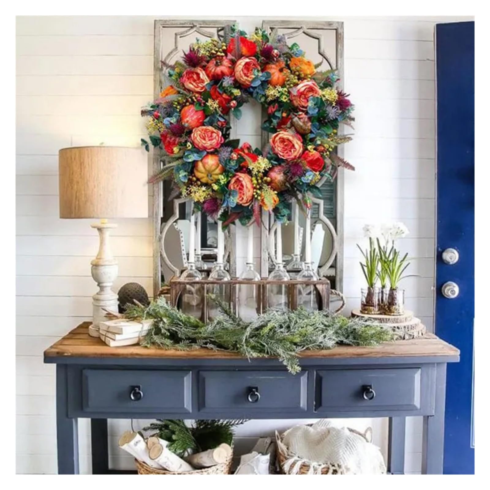Ghirlanda per porta Ghirlande autunnali con fiori di peonia artificiali da 30/40 cm, ghirlanda for porta d'ingresso petali zucca e bacche, decorazioni for la festa della mamma(30cm)