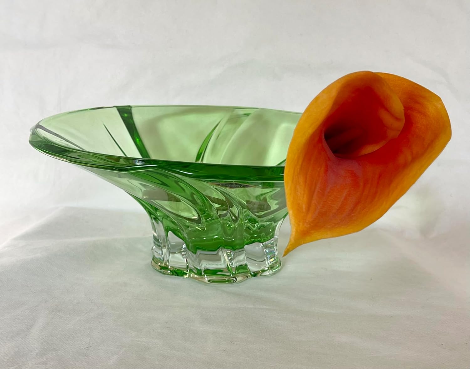 Czech Bohemian Crystal Glass Bowl-Vase 12''-Dia Green Vintage European Design Elegant Centerpiece Dish