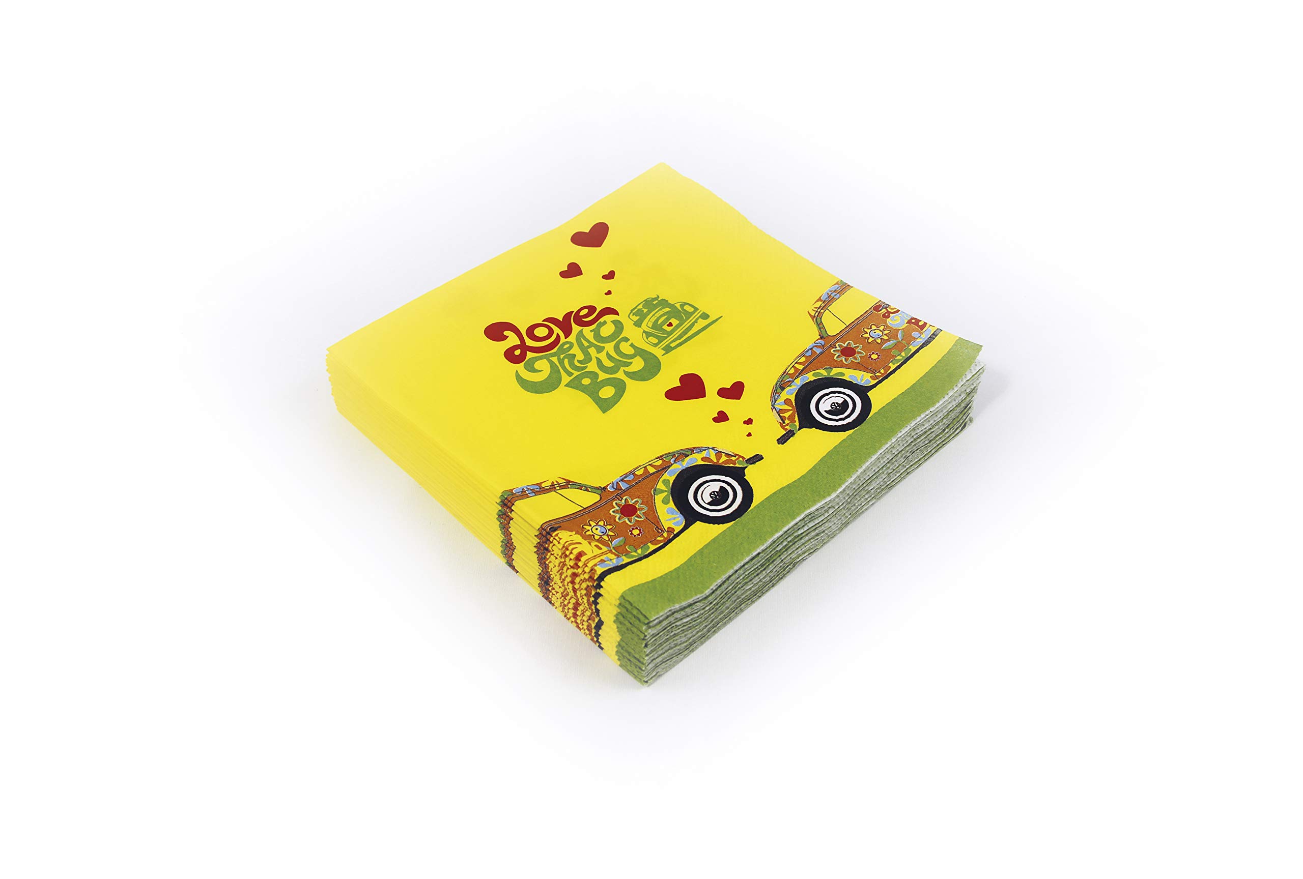 BRISA VW Collection - Volkswagen Napkins Table Paper Tissues with VW T1 Bus and Beetle Motif (Flower Power/Yellow)
