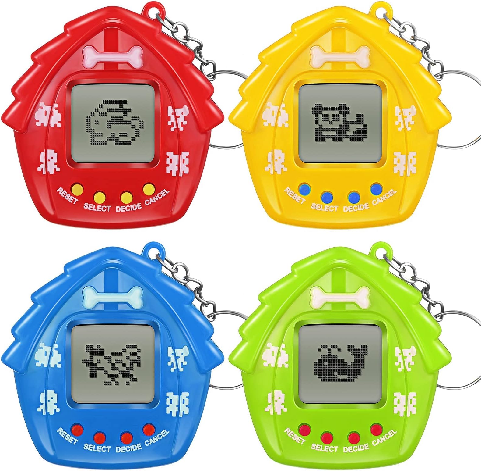Excefore 4 Pieces Pet Keychain Electronic Pets Nostalgic Virtual Pet Nano Digital Pet Keyring Retro Handheld Game Machine for Boys Girls Adults, 2.2 x 2.2 Inch 168 Pets, Red Blue Yellow Green