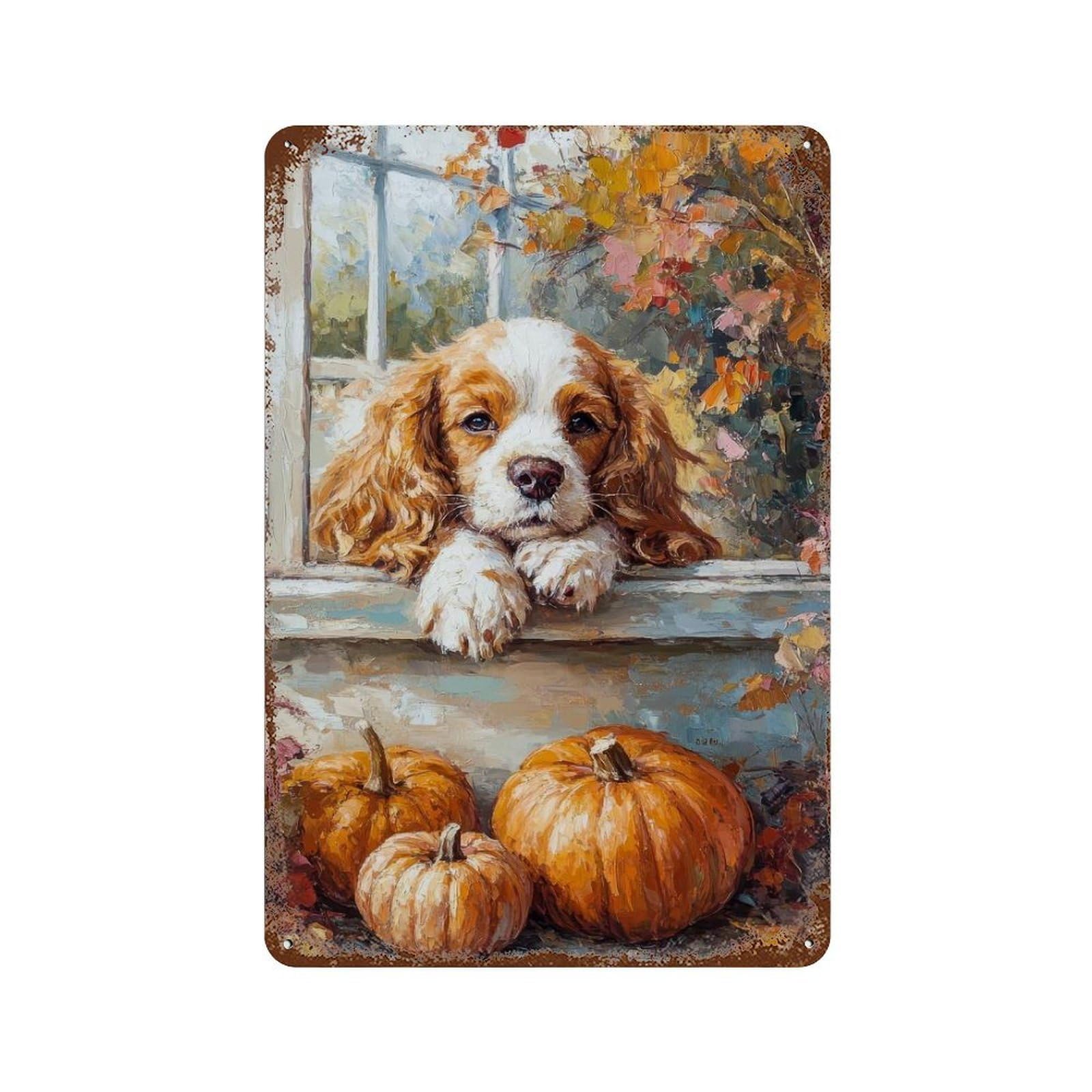 Cavalier King Charles with Pumpkins Painting Autumn Dog Portrait Rust Effect Tin Sign 11.8"x7.9", Industrial Home Decor for Basement, Hobby Room And Garage Decor