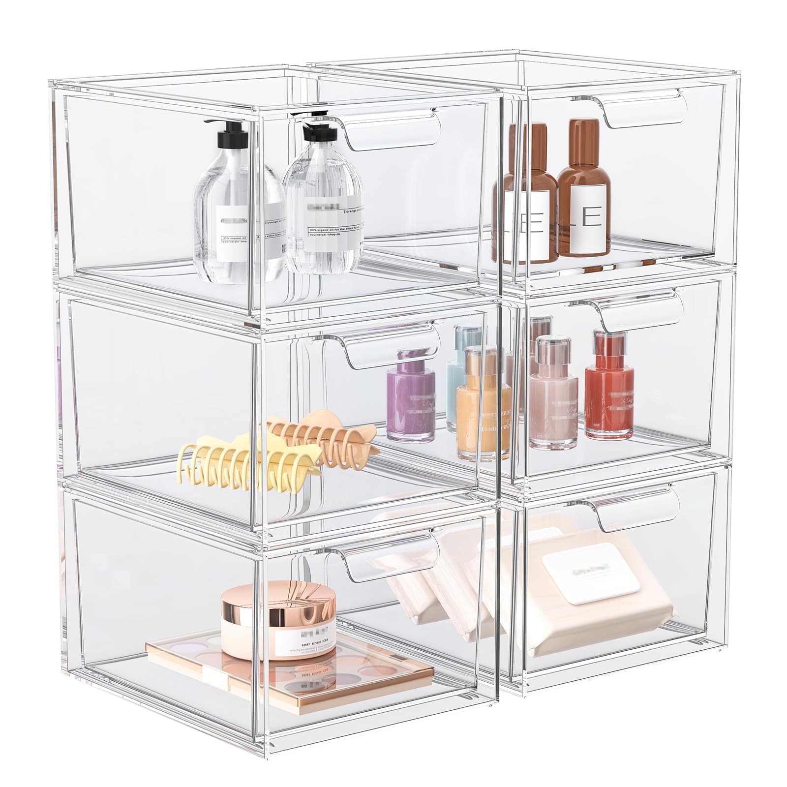 SpaceHacks Lot de 6 organiseurs de maquillage empilables et de rangement, organiseurs en acrylique, tiroir de rangement en plastique transparent avec poignées coulissantes pour coiffeuse, sous-évier,