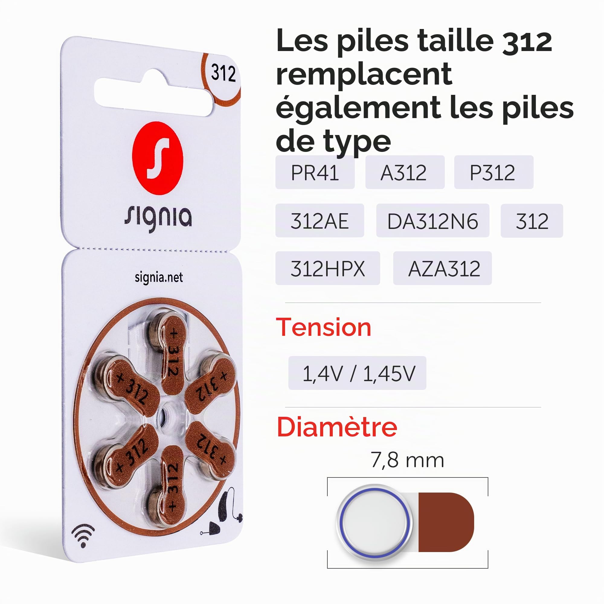Signia Lot de 60 piles pour appareils auditifs - Taille 312 - Marron - 10 x 6 piles - Chiffon de nettoyage inclus