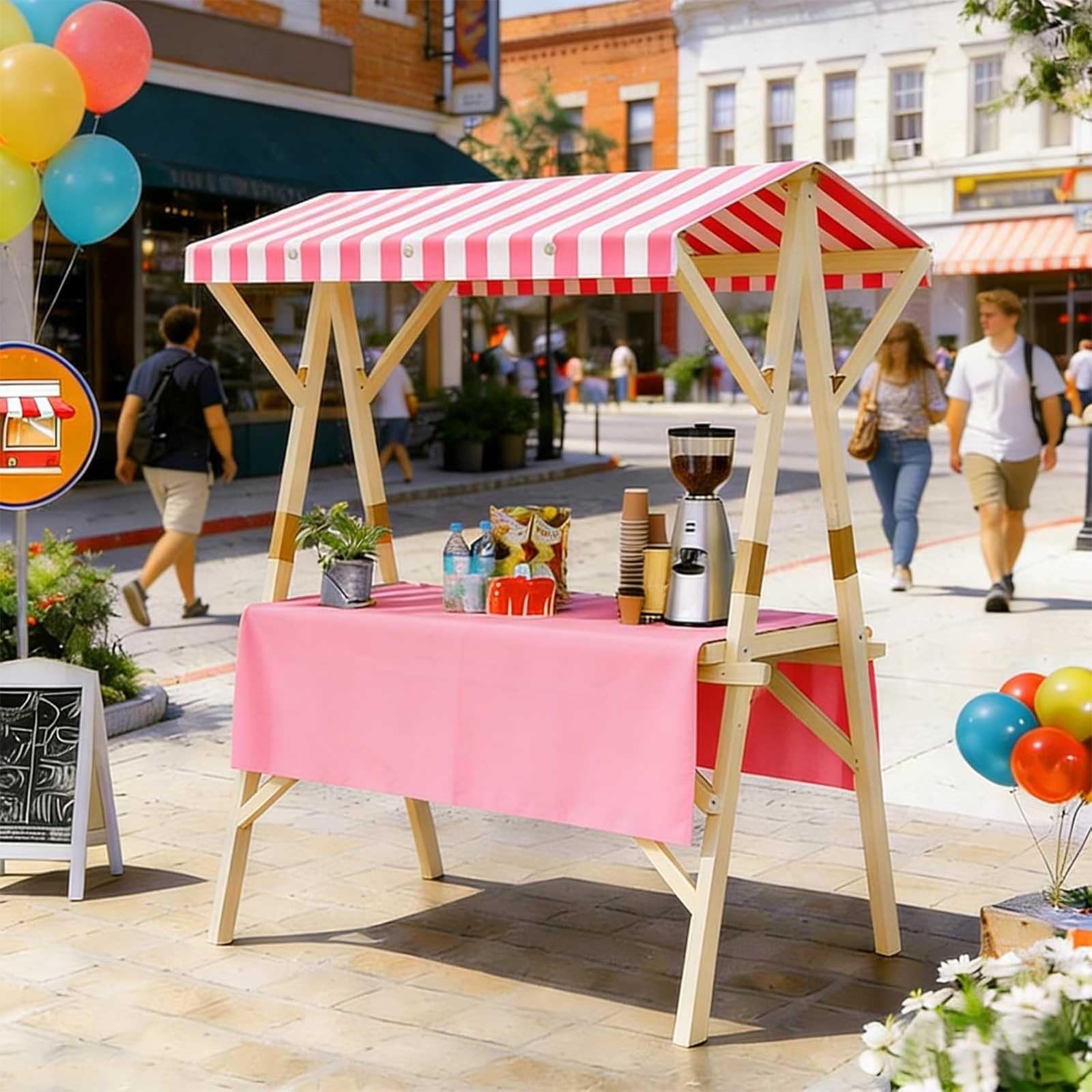 Carrito Portátil para Vendedores Al Aire Libre, Carro Plegable con Toldo para Comida Callejera, Mercados Agrícolas, Ferias, Eventos, Snacks, Expositor Móvil, Venta Ambulante(Pink2,59.1in/150cm)